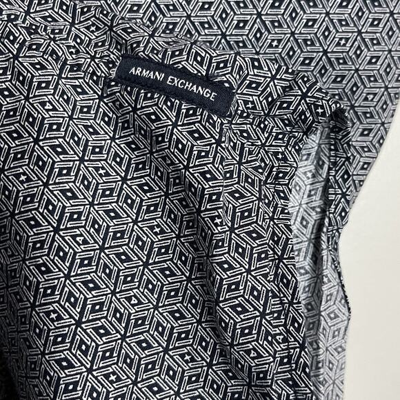Armani Exchange Slim Fit Button Up Shirt Navy White Geometric Print Mens Medium - Picture 4 of 9